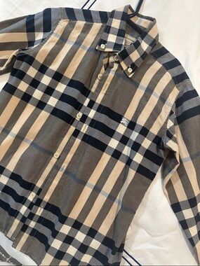 Burberry Button-Down Shirt in Beige, Navy, and Light Gray Check